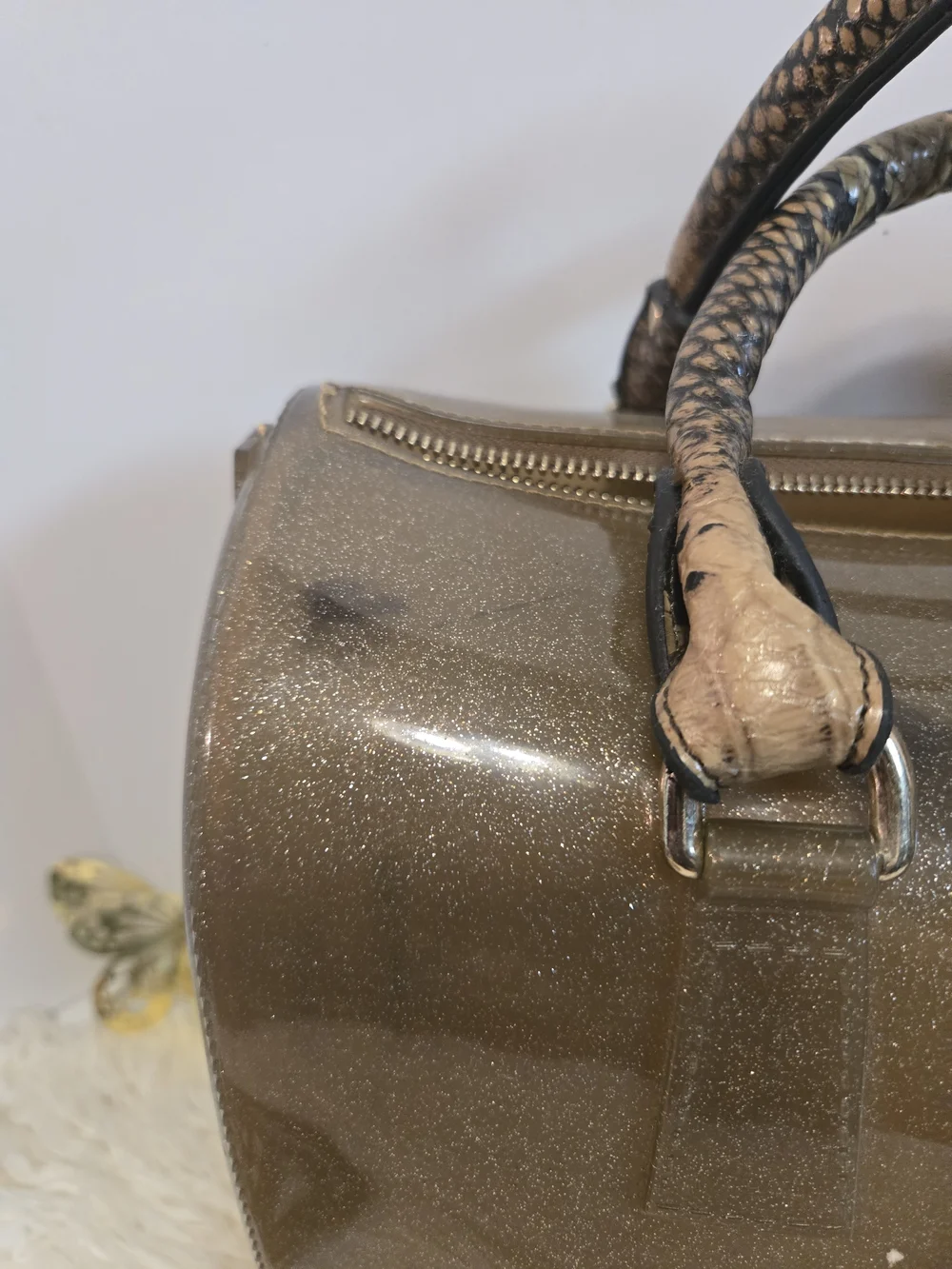 Glitter Dome Satchel in Taupe with Snake-Print Trim
